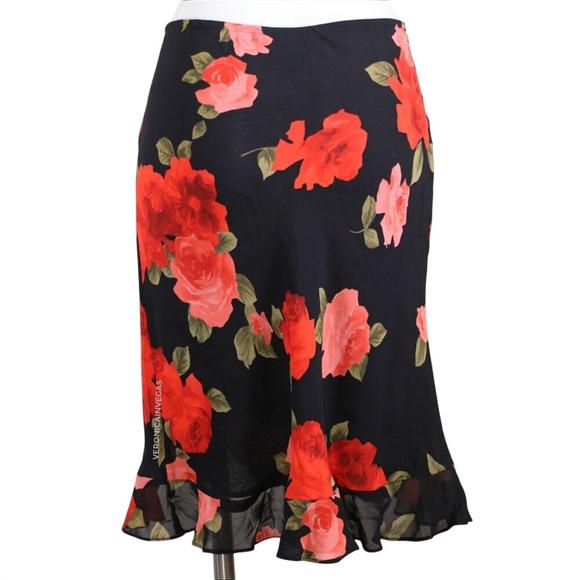 DONNA RICCO RED & BLACK ROSE PRINT SKIRT W/ RUFFLE‎ - Picture 3 of 3